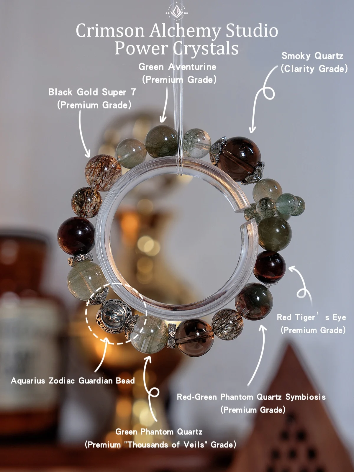 Aquarius Zodiac Crystal Bracelet – Green Vitality & Black Gold Super 7 Healing Stone Bracelet for Courage, Self-Empowerment, and Harmony