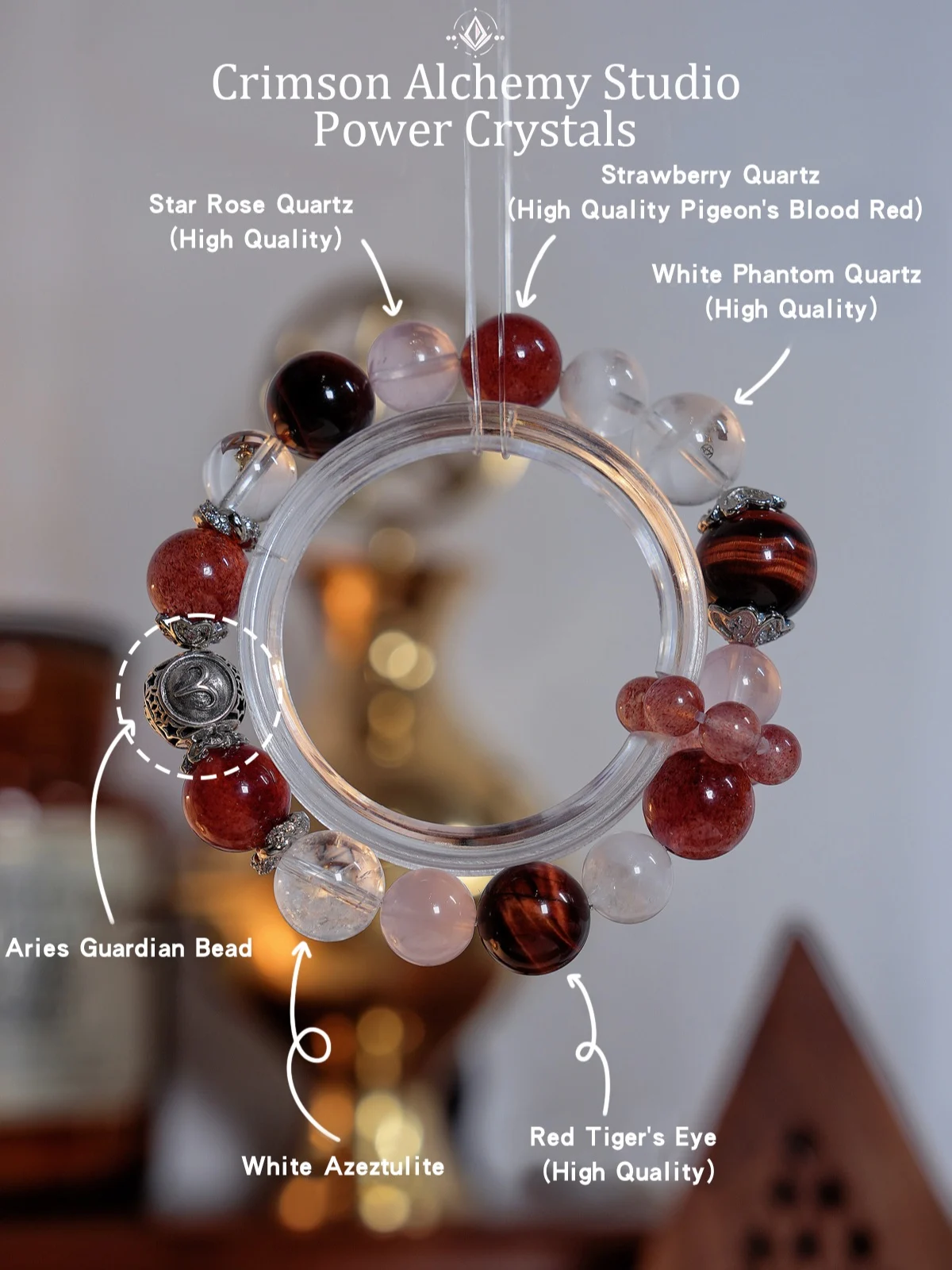 Aries Zodiac Crystal Bracelet – Red Tiger’s Eye & White Phantom Armor for Leadership, Luck, and Social Harmony