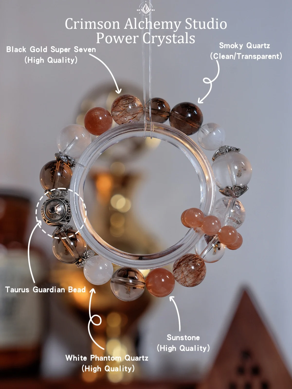 Taurus Zodiac Crystal Bracelet– Smoky Quartz Clarity & Sunstone Harmony for Grounded Empathy and Collaborative Energy