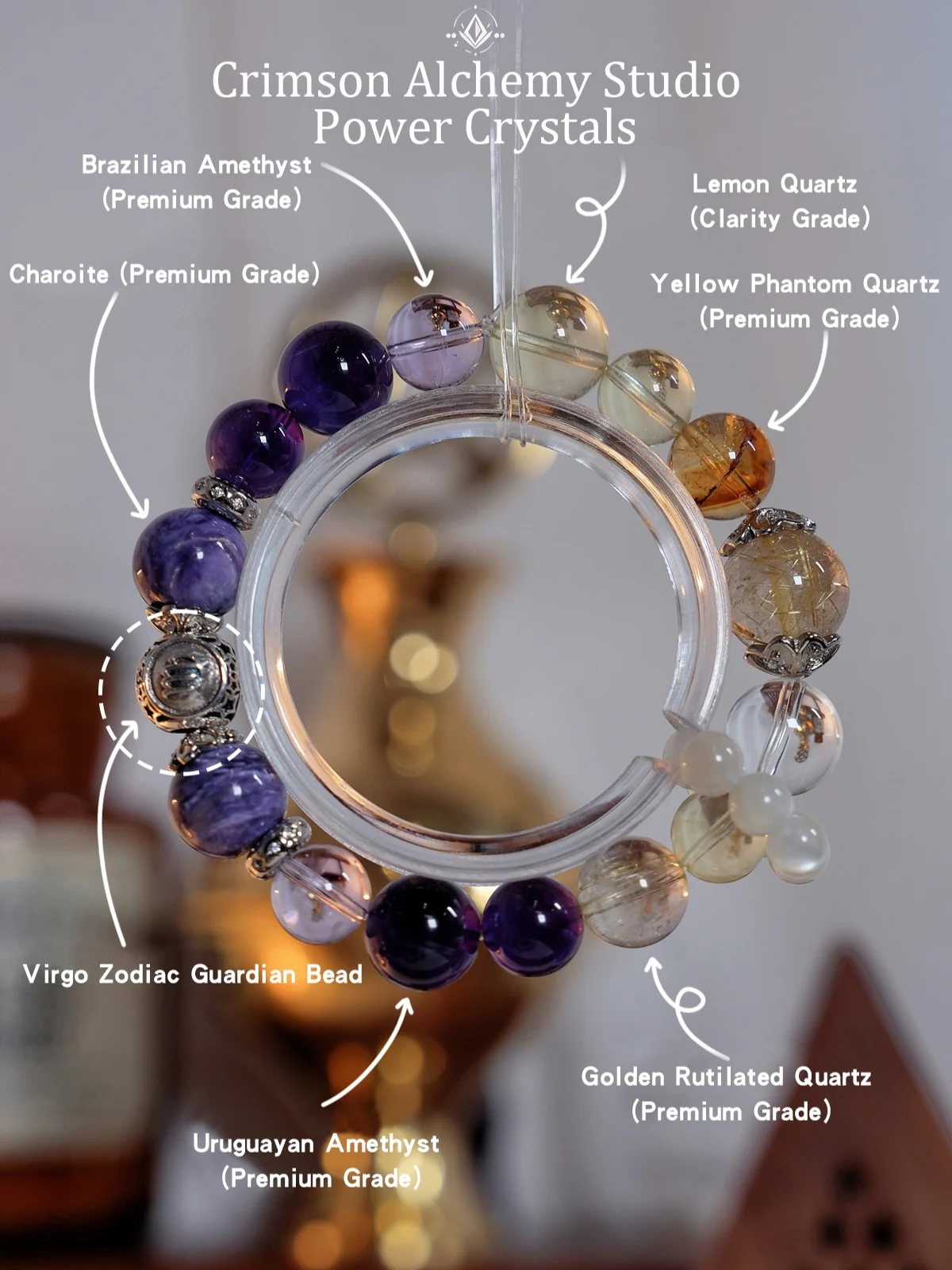 Virgo Zodiac Crystal Bracelet – Amethyst Insight & Golden Shield Bracelet for Attracting Mentors, Defending Ambition