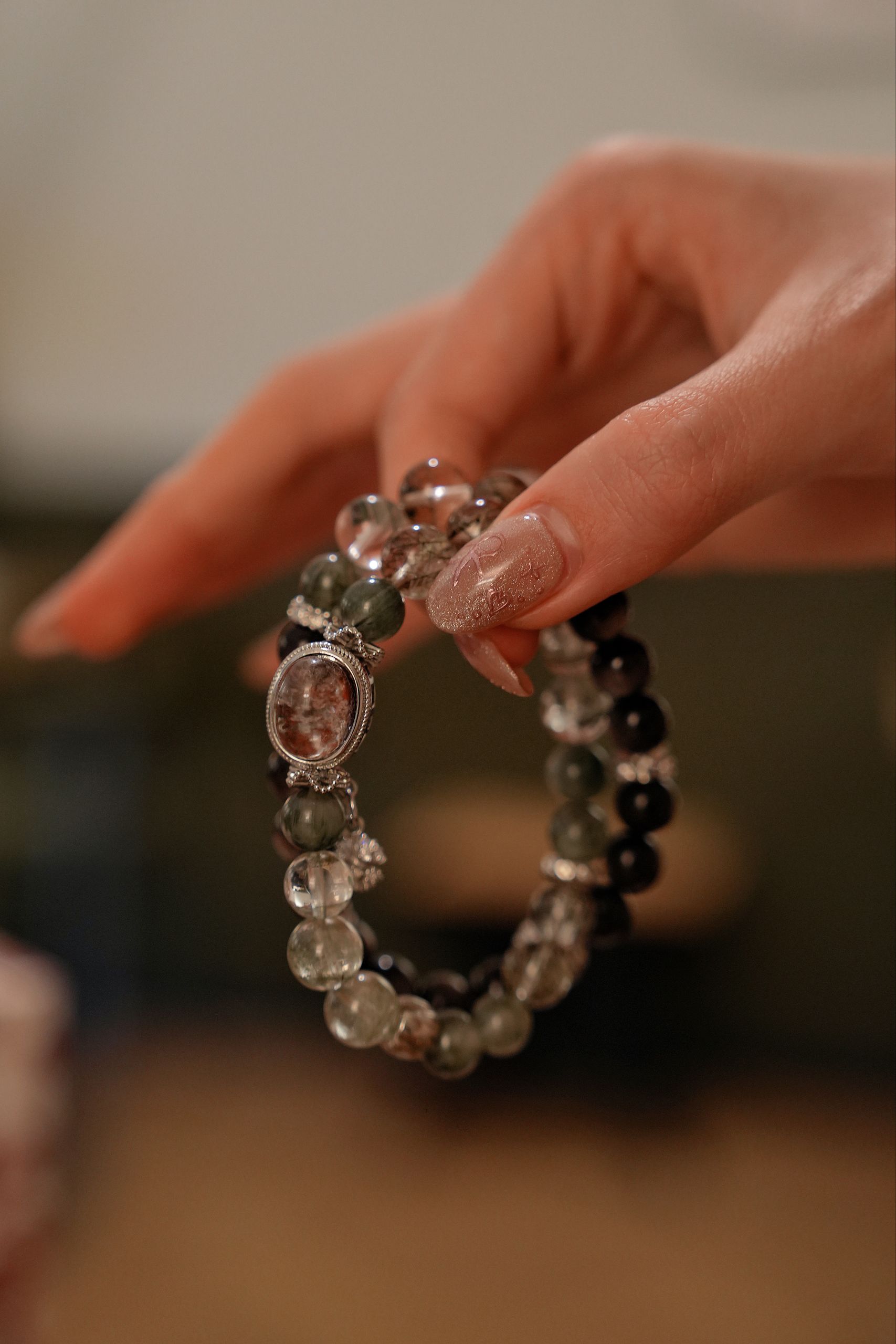 “Gift of Starlight” – Celestial Crystal Bracelet (Silver Obsidian, Green Phantom, Tourmaline Quartz) for Wealth & Protection | Platinum-Plated-308